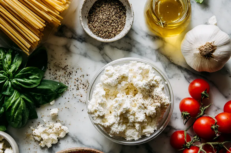 Fresh ingredients for ricotta pasta including cherry tomatoes, garlic cloves, ricotta cheese, fresh herbs, and pasta on a rustic wooden table