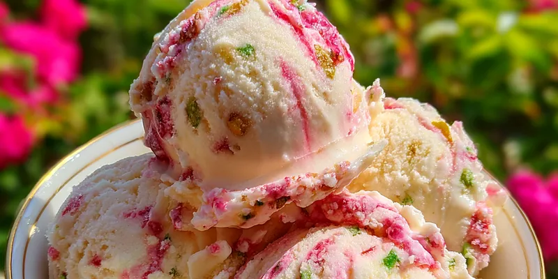 Delicious Rose Pistachio Ice Cream Delight served on a plate