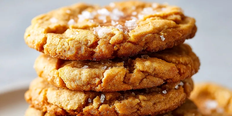 Stack of five golden-brown salted brown butter cookies on a white ceramic plate, showing crispy rippled edges, flaky sea salt crystals on top, and visible chewy texture in the centers, photographed from a slight angle with natural window lighting creating subtle shadows
