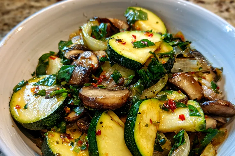 Chef Mitchell skillfully sautéing fresh zucchini in a skillet for Savory Sautéed Zucchini Delight