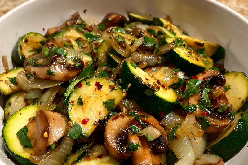 A vibrant assortment of fresh zucchinis and spices laid out for Savory Sautéed Zucchini Delight