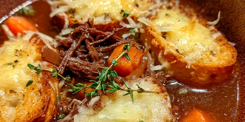Delicious Savory Beef Onion Soup served on a plate