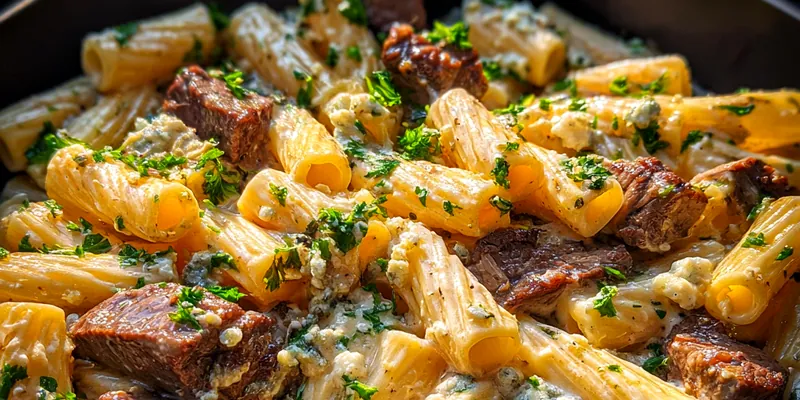 Delicious Savory Beef Rigatoni Bake served on a plate
