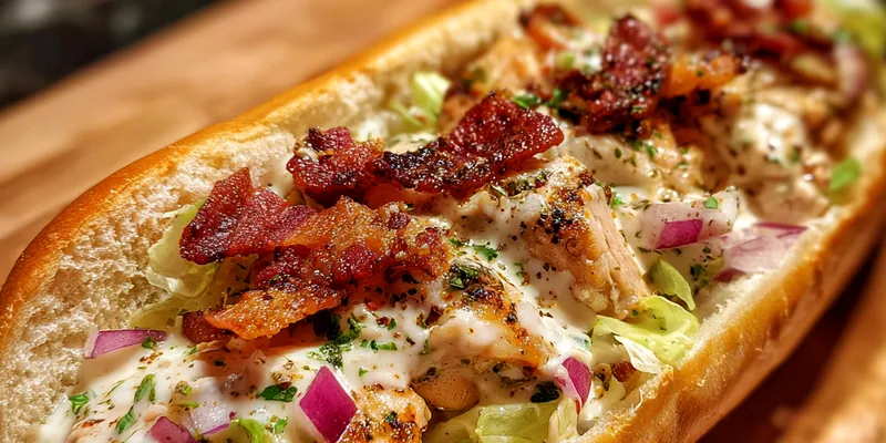 Delicious Savory Chicken Bacon Hoagie served on a plate