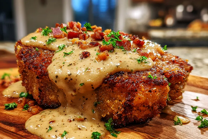 Step-by-step images showing the cooking process of Savory Fried Pork Chops with Gravy.