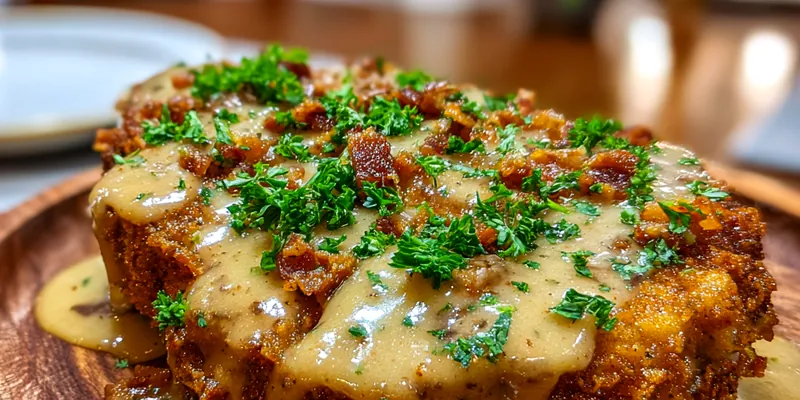 A beautifully plated dish of Savory Fried Pork Chops with Gravy, garnished and ready to serve.