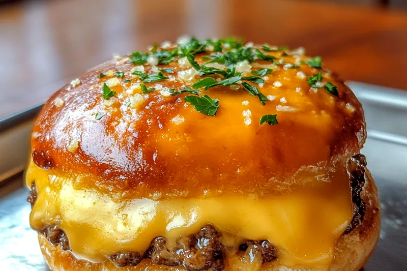 Cooking process of Savory Garlic Cheeseburger Bombs in the oven.