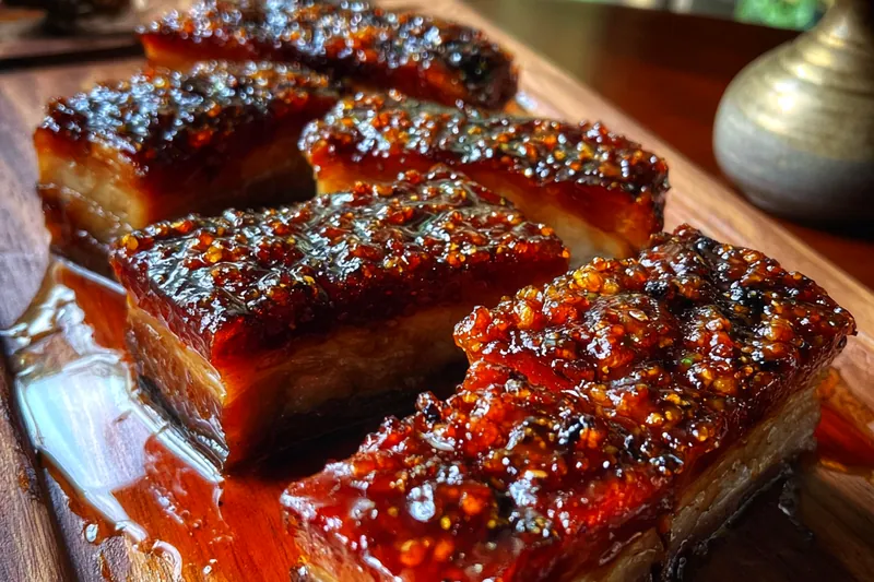 Chef Mitchell glazing the pork belly in the kitchen.
