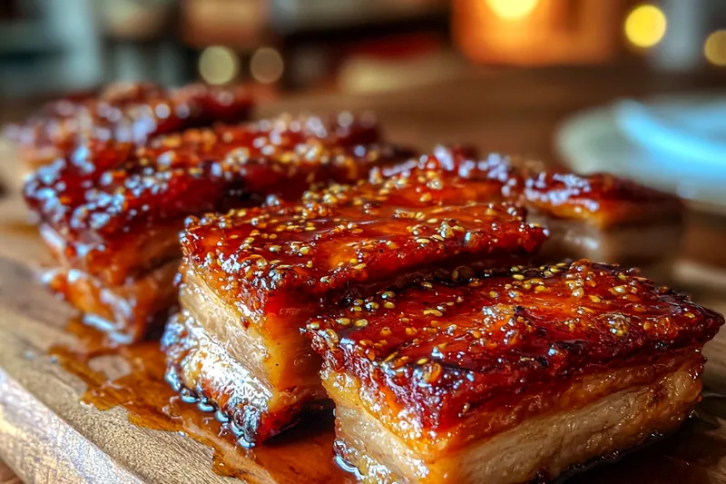 Fresh ingredients for Savory Glazed Pork Belly including pork and sauces.