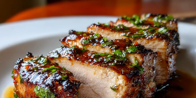 A beautifully plated dish of Savory Maple Glazed Pork, garnished with fresh parsley and served with sides.