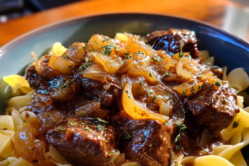 A step-by-step cooking process for Savory Onion Beef Noodles showing sizzling beef and caramelized onions in a skillet.
