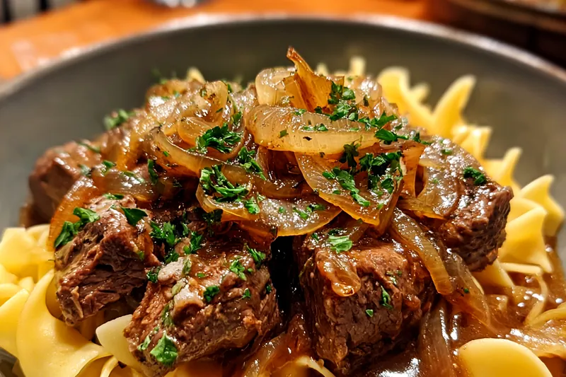 A vibrant display of ingredients for Savory Onion Beef Noodles, featuring fresh beef, onions, garlic, and noodles.