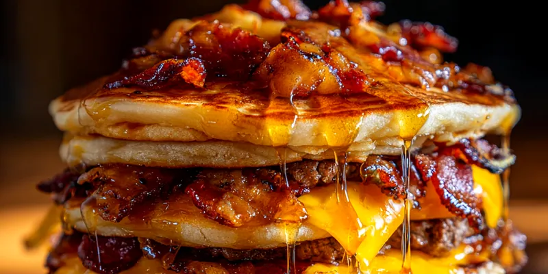 Delicious Savory Pancake Burger Stack served on a plate