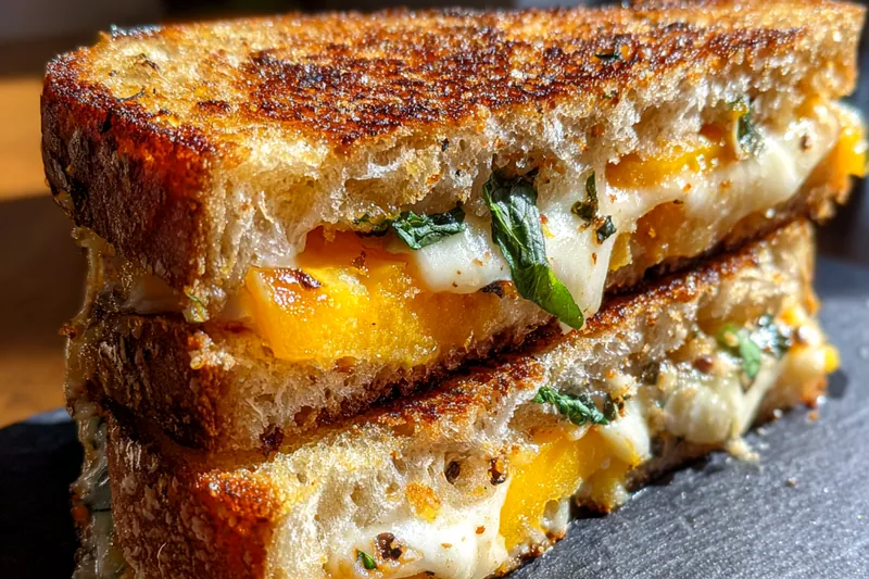 The preparation process of Savory Peach and Cheese Delight, showcasing the mixing of ingredients and assembly.