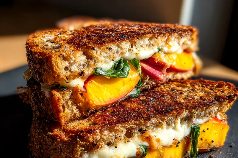 The fresh ingredients for Savory Peach and Cheese Delight, including peaches, cream cheese, mozzarella, and herbs, beautifully arranged.