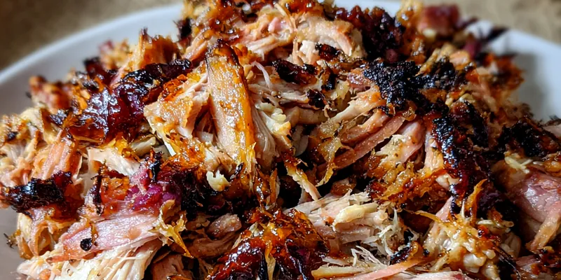 A delicious serving of Savory Pulled Pork Delight topped with barbecue sauce, served with coleslaw on a wooden platter.