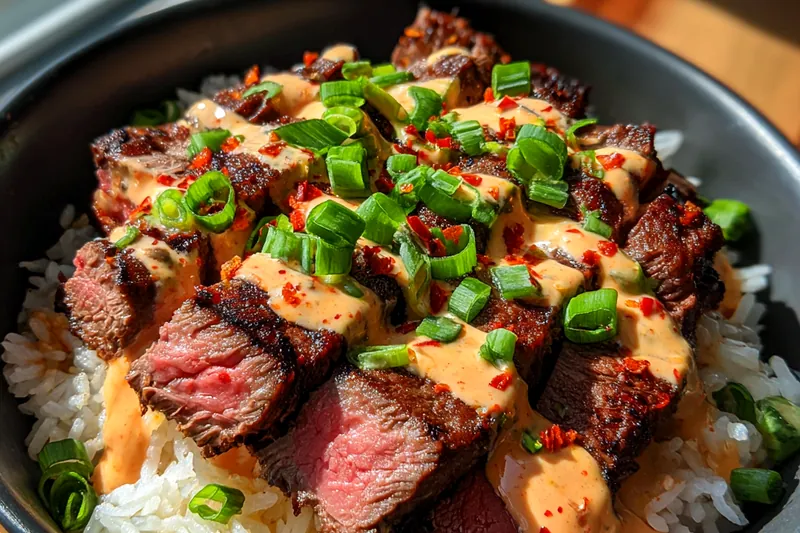 Cooked Savory Steak Rice Delight ready to be served.