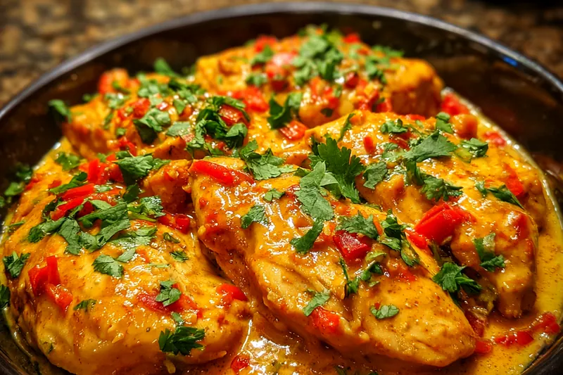 An assortment of fresh ingredients used to make Savory Thai Peanut Chicken Delight, including chicken, peanut butter, and spices.