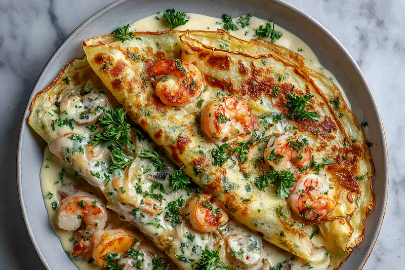 Chef preparing seafood crepes in the kitchen