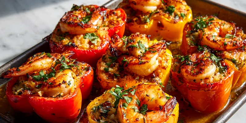 Shrimp Stuffed Bell Peppers with Creamy Garlic Sauce