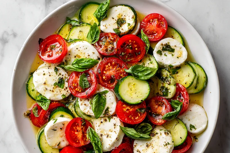 Tossing ingredients together for Cucumber Caprese Salad