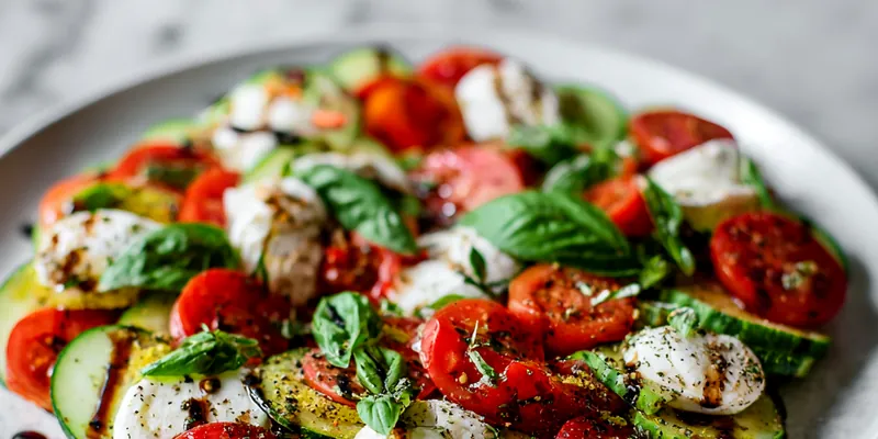 Simple Cucumber Caprese Salad with Fresh Basil and Balsamic Glaze