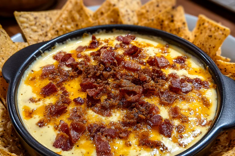 Cooking process of Creamy Bacon Cheeseburger Dip showcasing the mixing of ingredients.