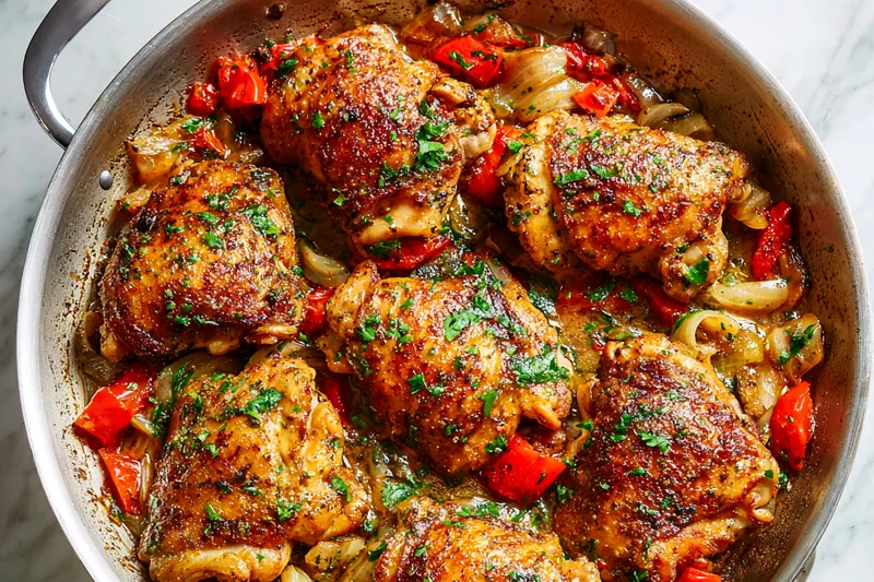 Action shot of golden-brown chicken pieces and sausage sizzling in a large cast iron skillet with colorful peppers and onions, steam rising, with wooden spoon deglazing the pan with white wine