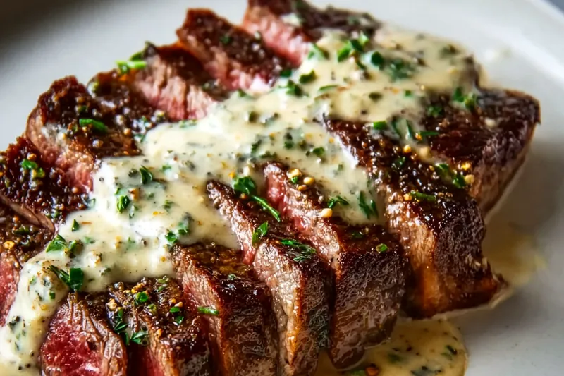 Sliced steak being returned to a pan with bubbling creamy garlic sauce, showing the final cooking stage