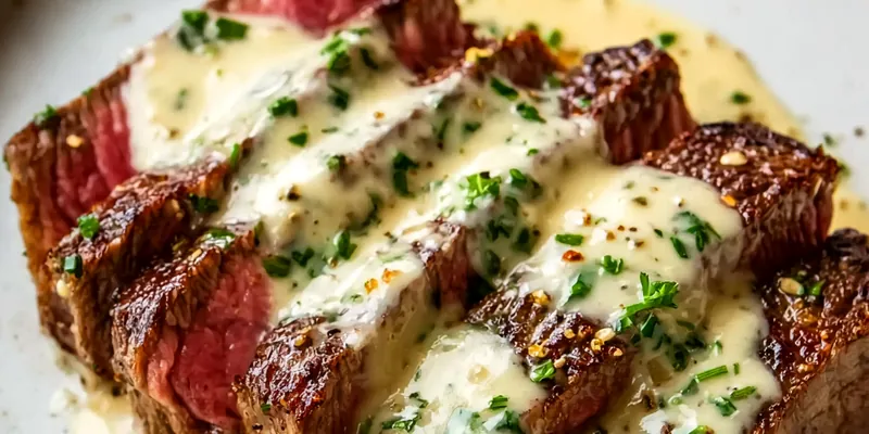 Perfectly sliced steak portions arranged on a white plate, covered with rich creamy garlic sauce and garnished with fresh herbs