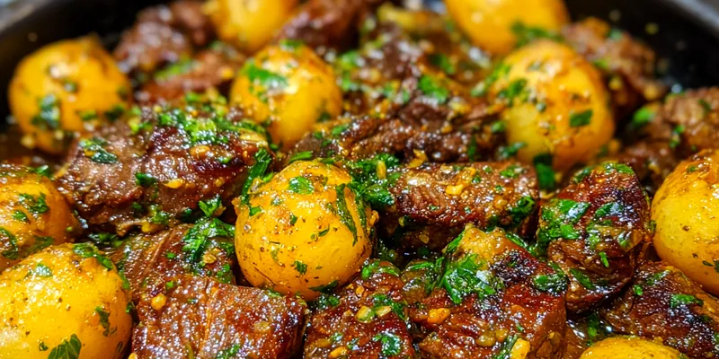 A delicious serving of Garlic Butter Beef and Potatoes garnished with parsley on a rustic table.