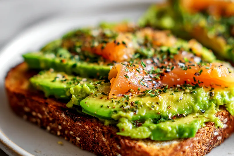 Overhead flat lay of fresh ingredients for smoked salmon avocado toast including ripe halved avocado, pink smoked salmon slices, artisan seeded bread, yellow lemon, small bowl of everything bagel seasoning, fresh dill sprigs, and olive oil bottle on white marble surface