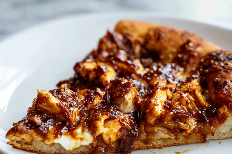 Overhead view of pizza ingredients arranged on a marble counter: bowl of shredded chicken, small bowl of BBQ sauce, mound of shredded cheese, sliced red onions, fresh cilantro bunch, and ball of pizza dough on a floured surface