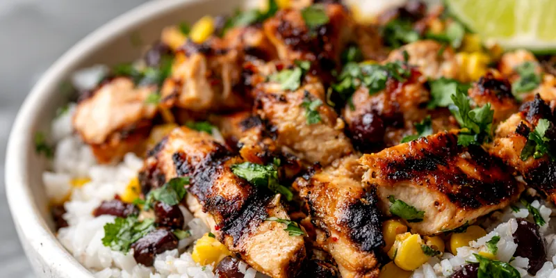 Close-up of a bowl filled with cilantro rice, charred chipotle chicken pieces, black beans, corn, fresh cilantro, and lime wedges
