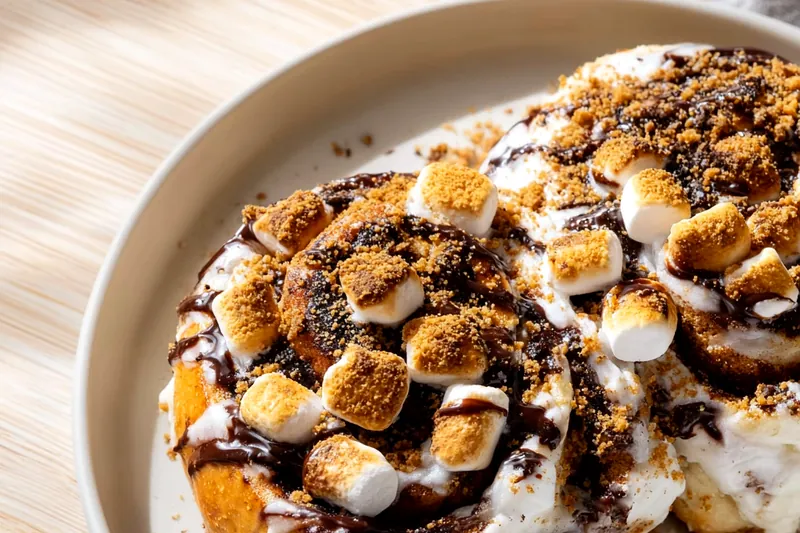 S'mores cinnamon rolls with golden toasted marshmallows being drizzled with melted chocolate, showing the gooey interior and graham cracker filling