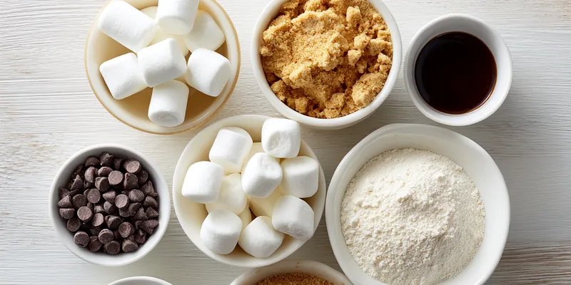 Warm s'mores cinnamon rolls topped with golden toasted marshmallows and chocolate drizzle, garnished with graham cracker crumbs in a baking pan