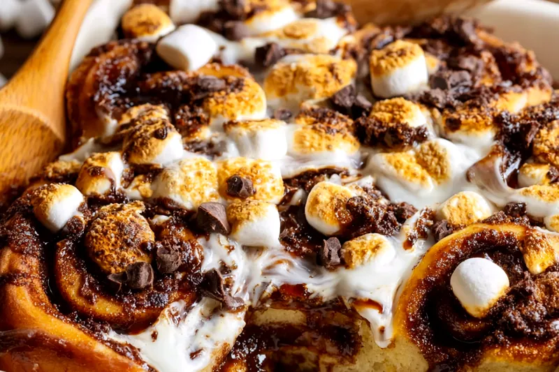 Ingredients for s'mores cinnamon rolls including flour, marshmallows, chocolate chips, graham crackers, butter, and cinnamon arranged on a marble countertop