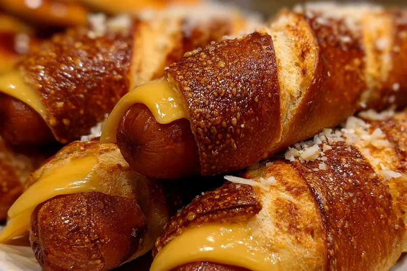 Pretzel dogs boiling in baking soda water before baking.