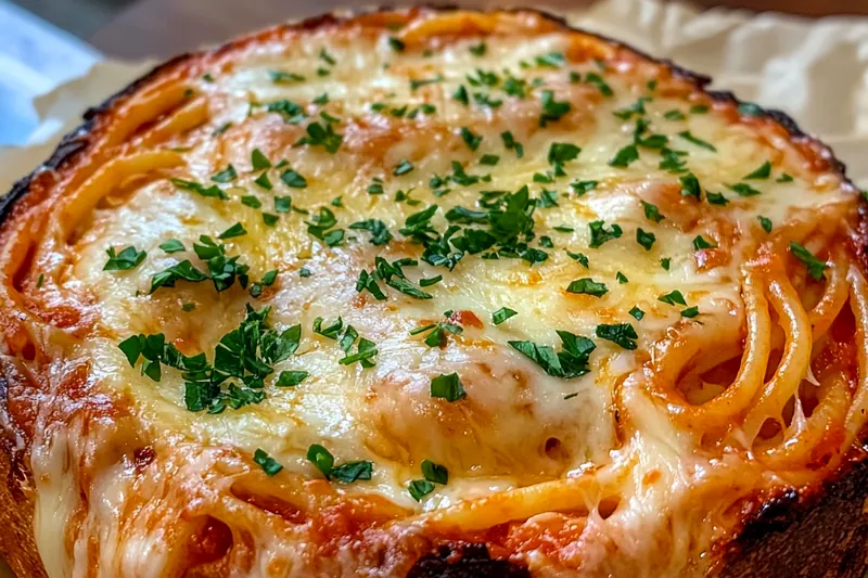 A chef stirring the creamy sauce for Garlic Bread Pasta Bowls in a skillet.