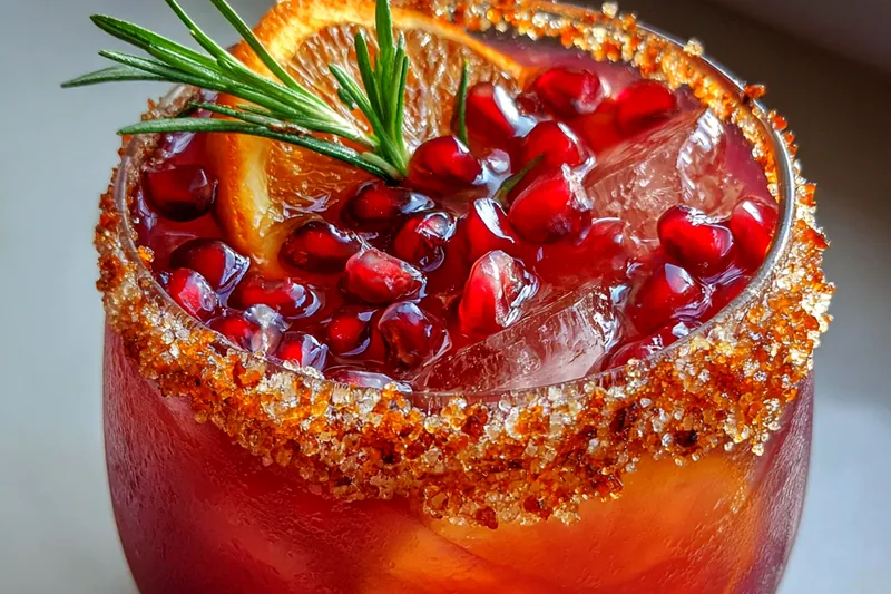 Mixing process for Sparkling Pomegranate Orange Festive Cocktail in a pitcher
