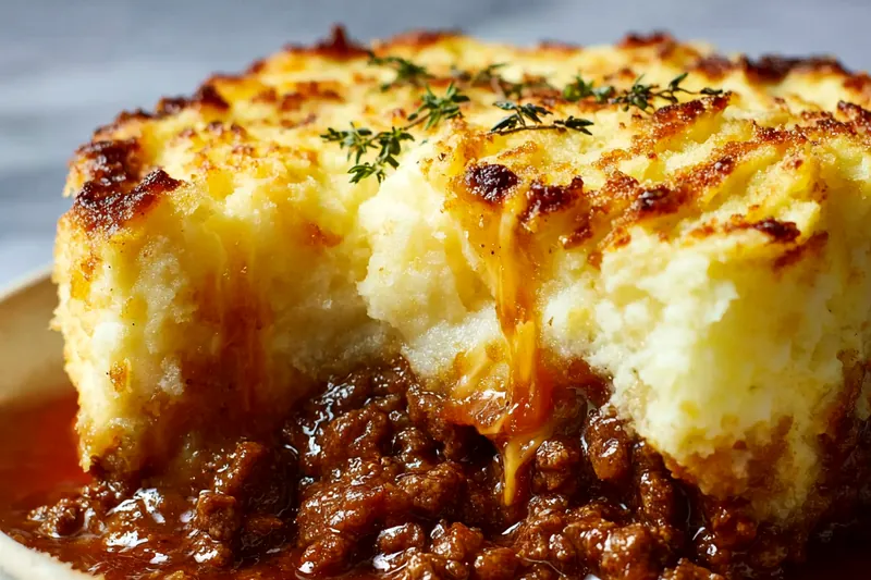 Golden-brown cottage pie baking in the oven with bubbling edges and perfectly browned mashed potato ridges on top