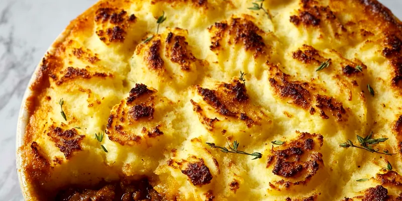 Golden-brown spiced cottage pie in a cast iron skillet with perfectly piped mashed potato topping, showing layers of seasoned beef filling beneath
