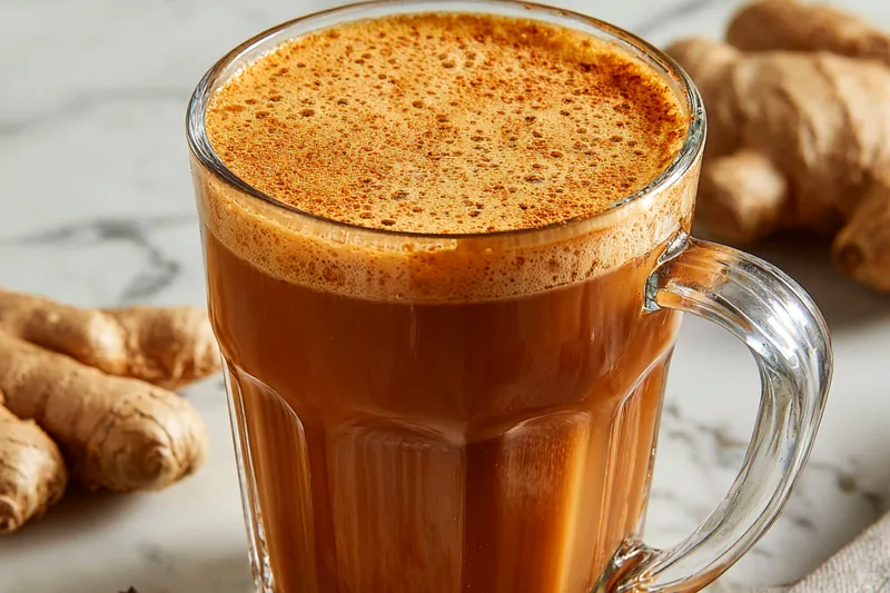 Spiced Gingerbread Chai Coffee being stirred in a saucepan