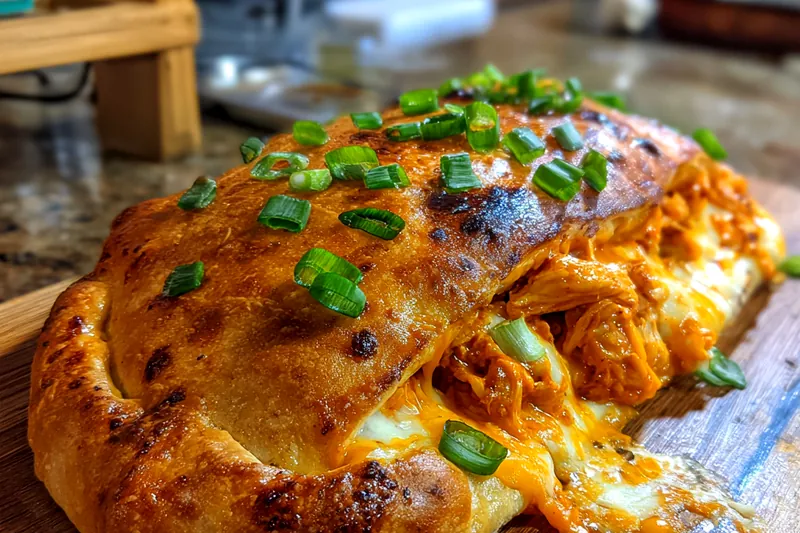 A colorful arrangement of ingredients for Spicy Chicken Calzone including chicken, spices, cheeses, and dough.