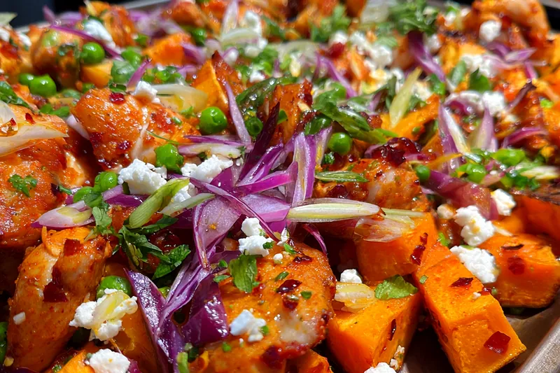 Fresh ingredients for Spicy Chicken Sweet Potato Tray