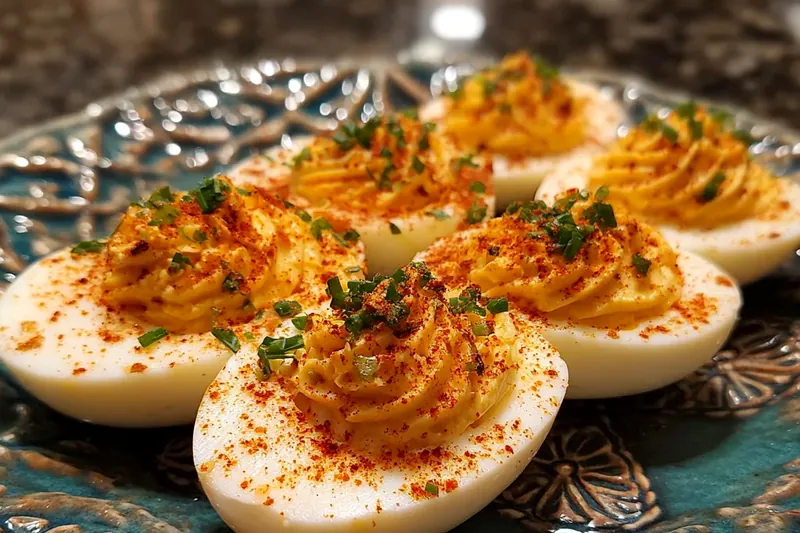 Ingredients laid out on a marble counter: six hard-boiled eggs, mayonnaise jar, sriracha bottle, fresh garlic cloves, chili garlic sauce, smoked paprika tin, and fresh chives