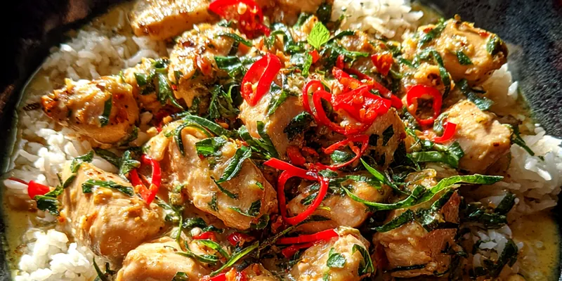 Delicious Spicy Coconut Chicken Rice served on a plate