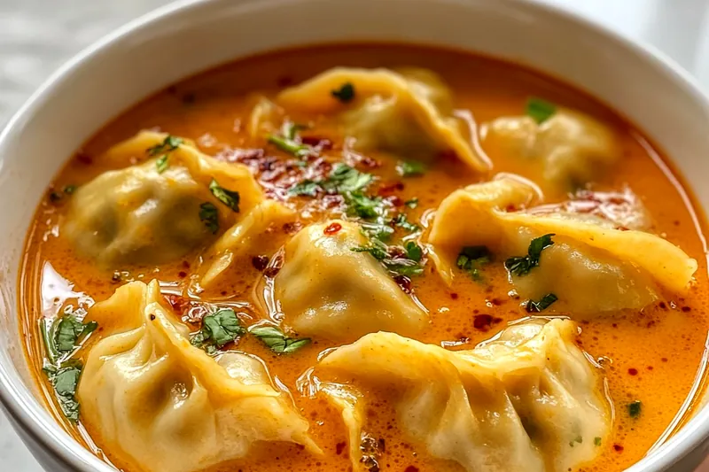 Chef stirring a pot of Spicy Curry Dumpling Soup on a stovetop, showcasing the bubbling broth and fresh ingredients.