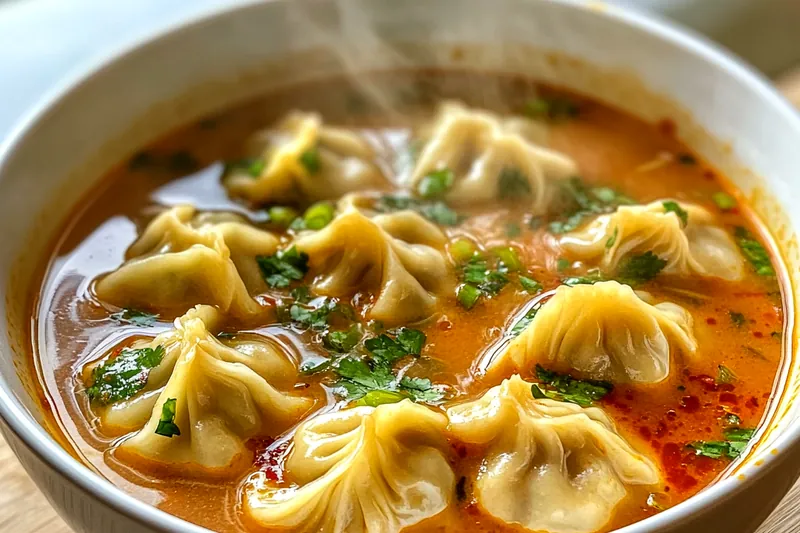 An arranged display of fresh ingredients for Spicy Curry Dumpling Soup including dumplings, spices, and vegetables.