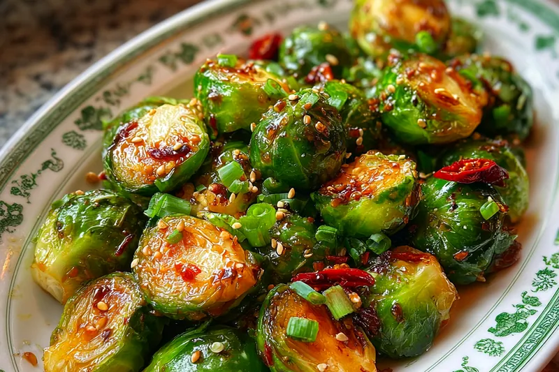 Chef Mitchell skillfully sautéing Brussels sprouts in a hot skillet for Spicy General Tso's Brussels Sprouts.